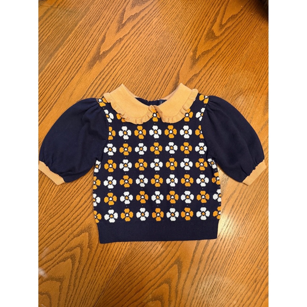 Janie and Jack Girls Navy Blue Floral Intarsia Ruffle Collar Sweater Size 10